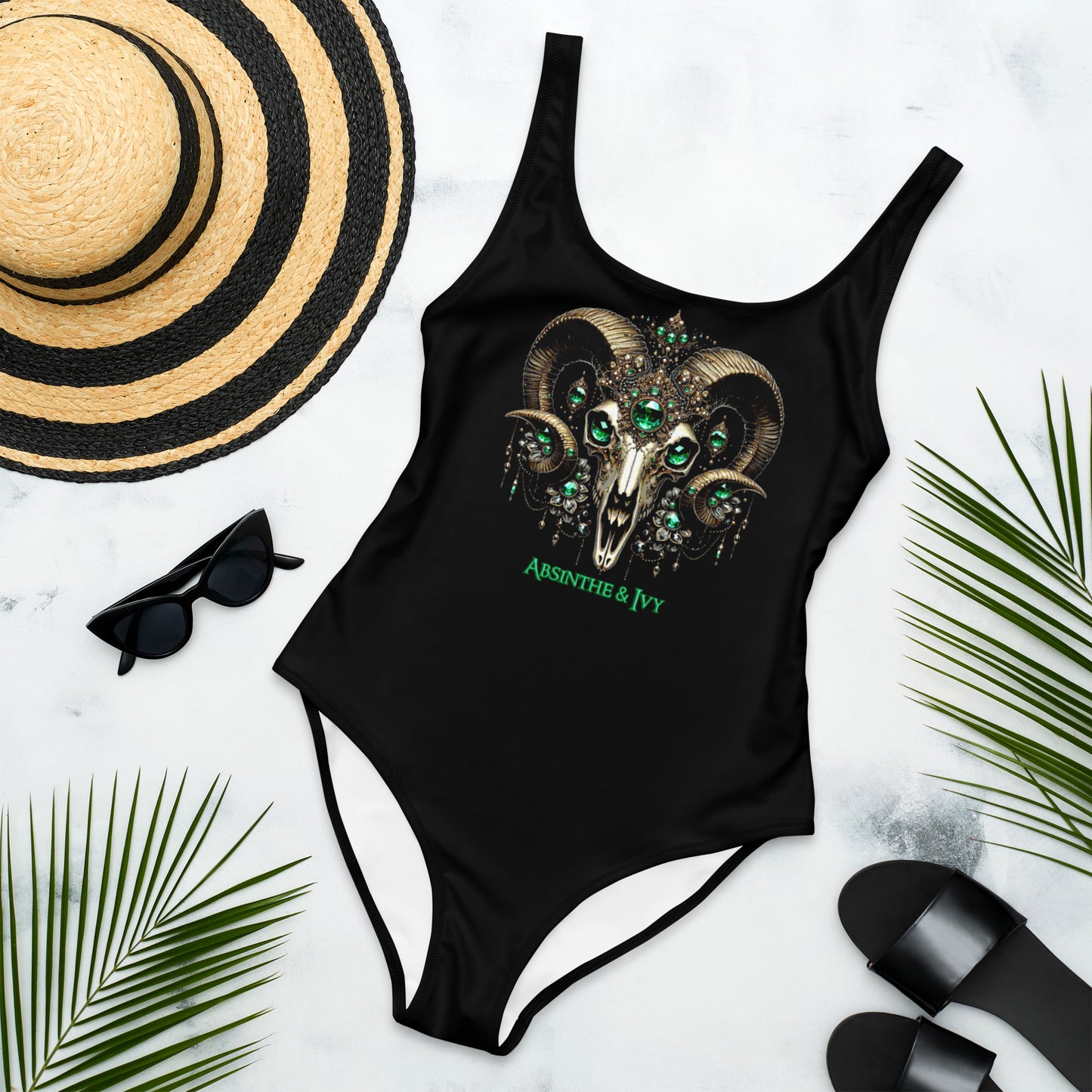 One-Piece Royal Ram Skull Gothic Swimsuit, Witchy witchcore aesthetic Bathing suit