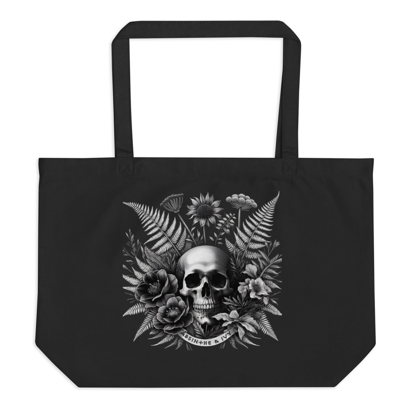 skull & fern gothic nature tote bag, gothbookcore bag