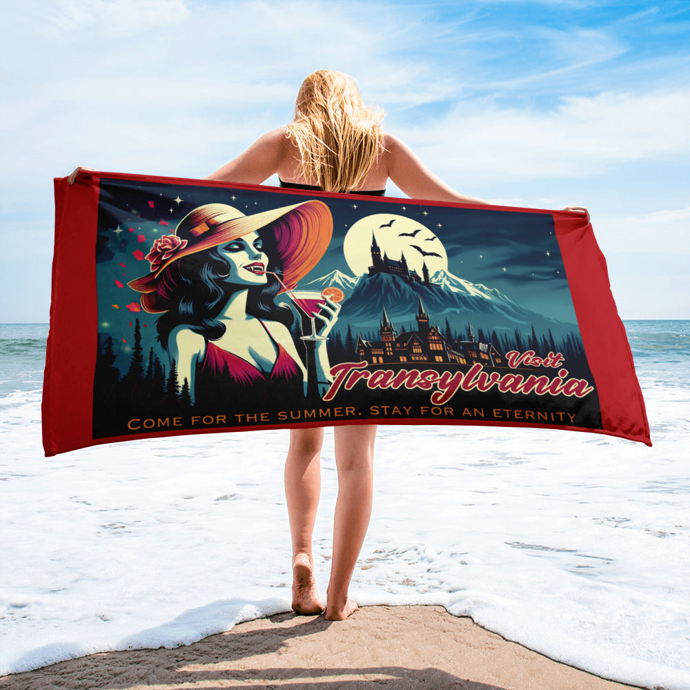 Transylvania Postcard Beach Towel, Gothic Dracula Vintage Travel Poster Towel