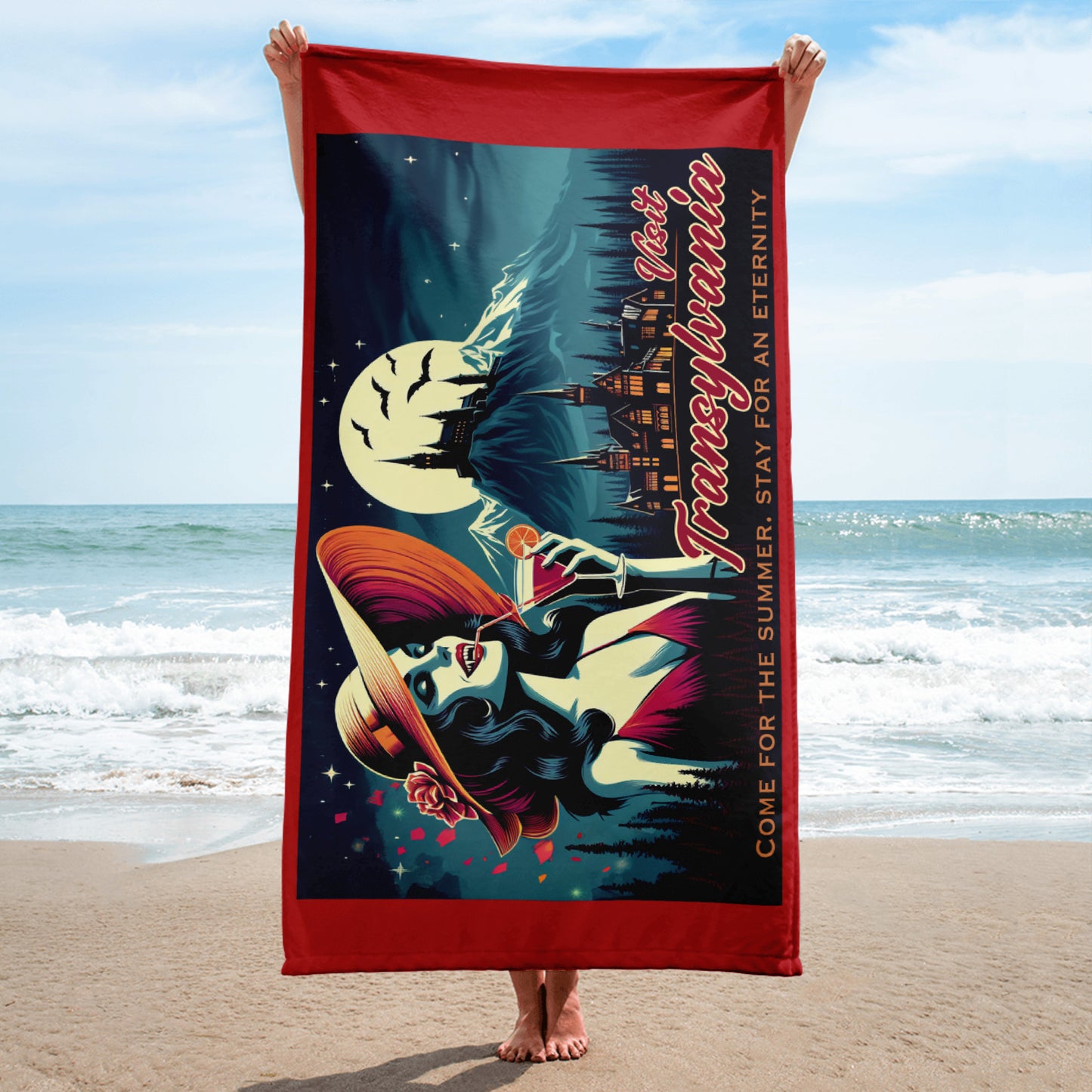 Transylvania Postcard Beach Towel, Gothic Dracula Vintage Travel Poster Towel