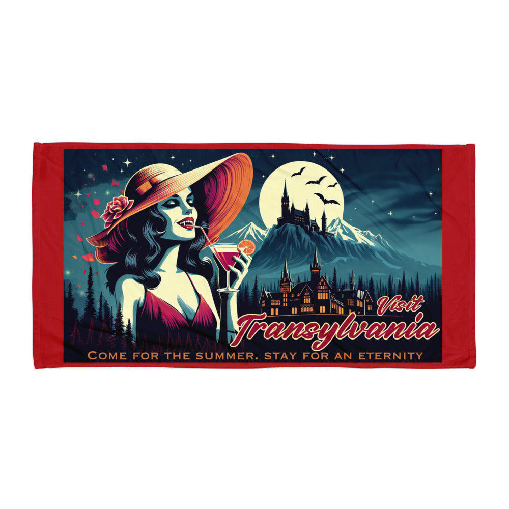 Transylvania Postcard Beach Towel, Gothic Dracula Vintage Travel Poster Towel